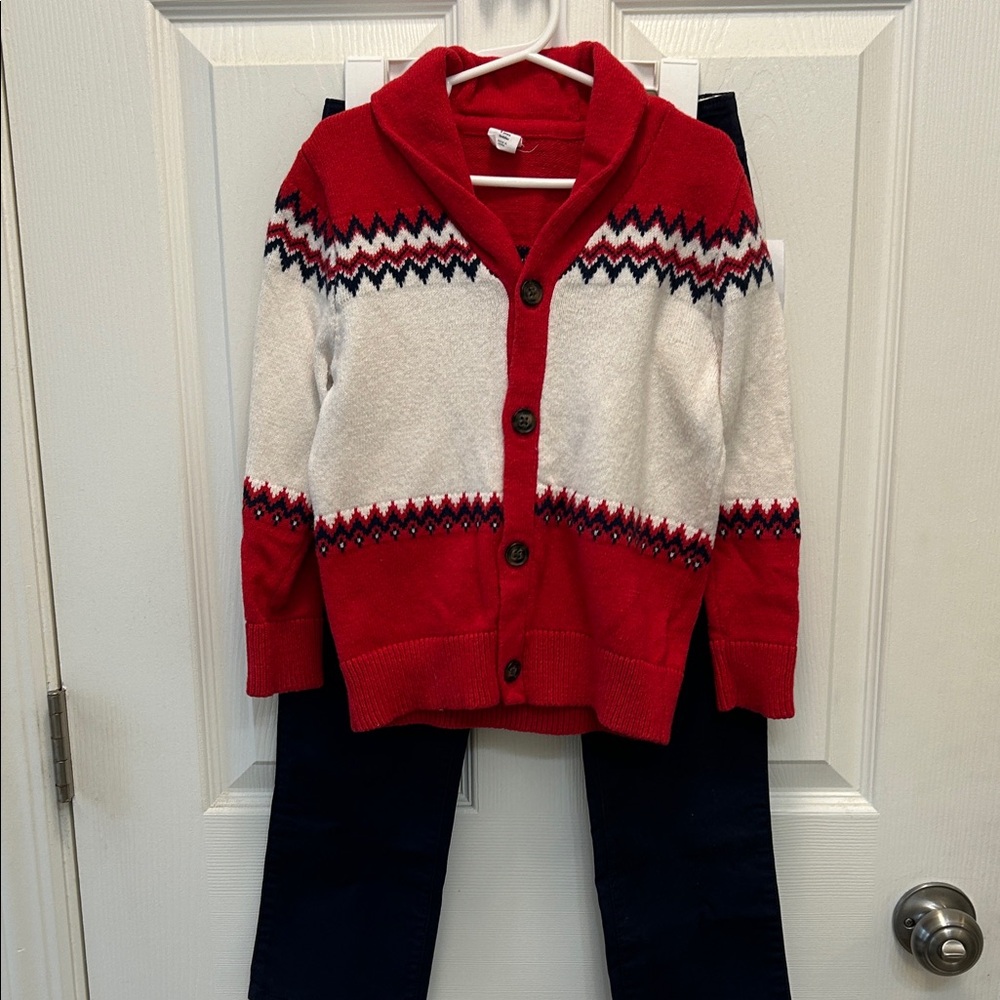 Gap Red and White Kids Cardigan Sweater and Gap Blue dress pants.